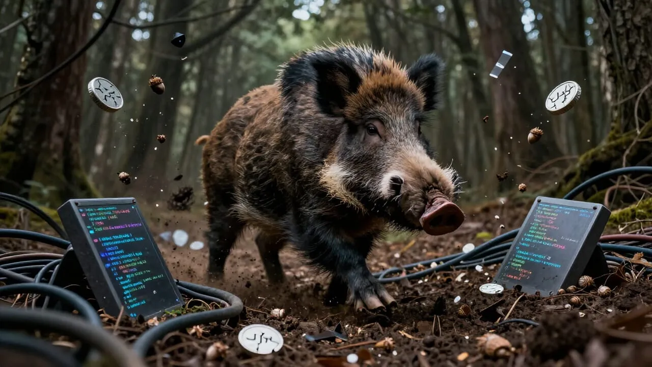 A wild boar mid-charge through a tangle of endpoints and JSON fragments, overturning rate-limit barriers and cracked JWT tokens like acorns in the mud. The forest floor is littered with exposed data. The schema trusted everything.