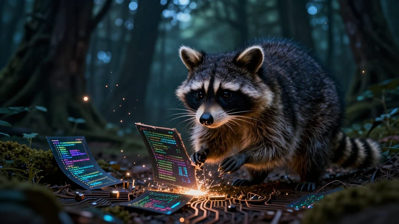 A dark, mysterious digital forest at night, glowing binaries scattered like hidden treasures, a cunning raccoon examining and prying open glowing code fragments, curious eyes scanning obfuscated patterns, secrets spilling like shimmering sparks, intricate circuitry woven into the forest floor.