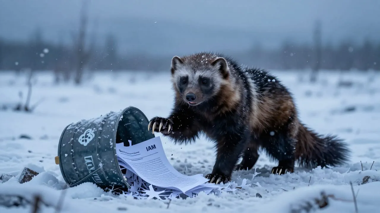 A wolverine crouched in frozen tundra, claws embedded in an open storage bucket, IAM policy documents shredded around it. Cloud provider logos drift like snow. The permissions said no. The wolverine did not read them.