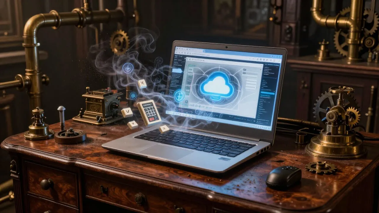 A laptop open on a desk, screen glowing, surrounded by floating keys, browser tabs, and cloud icons dissolving into smoke. The device looks untouched. The identity has already left.