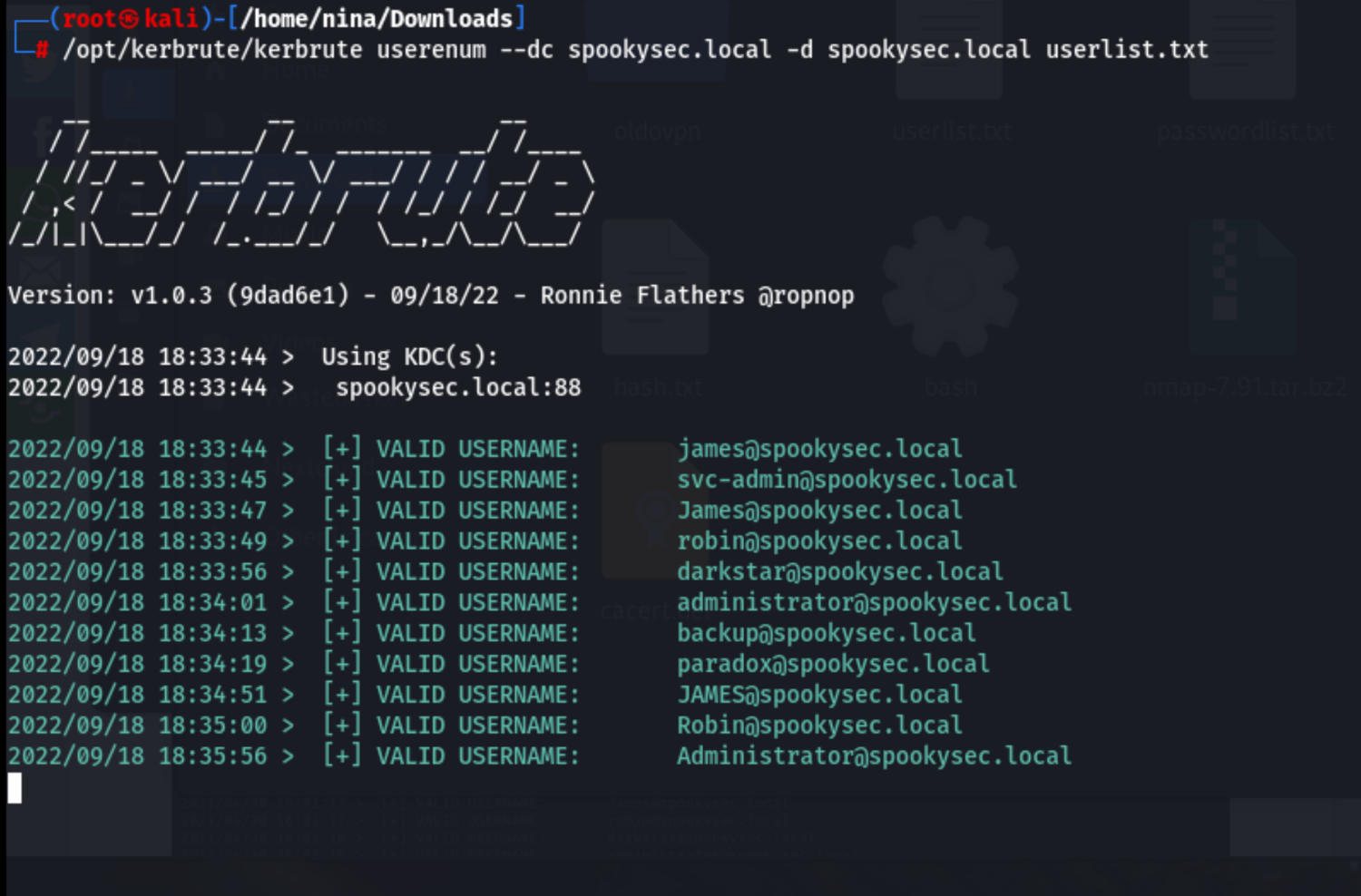 Results kerbrute spooky.local