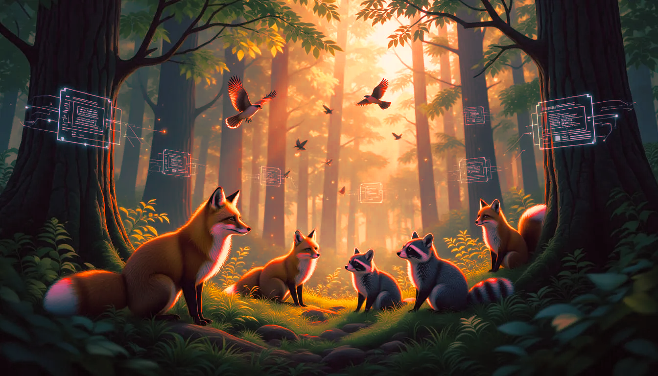 A wild forest with foxes, raccoons, squirrels, and falcons, interacting with glowing digital artefacts, signal flares, hidden traps, and networked trees.