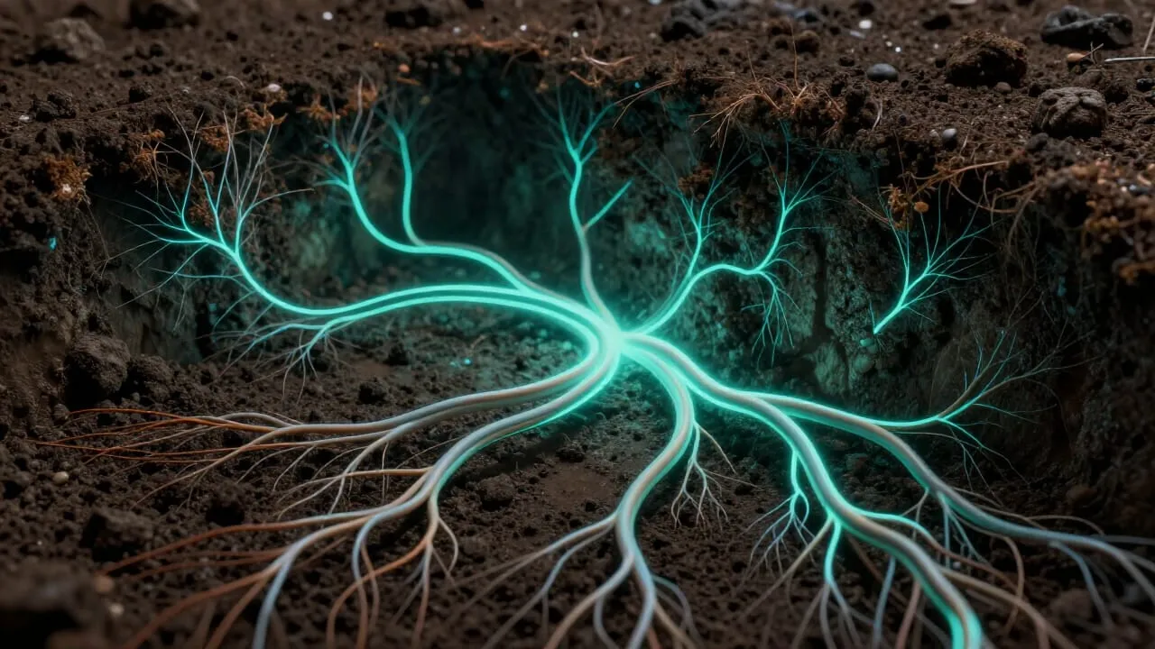 A cross-section of earth with root-like cable bundles threading through dark soil, BGP routes branching between autonomous systems like mycelium. Deep underground, something is quietly redirecting the flow. The map says the traffic arrived safely. It did not.