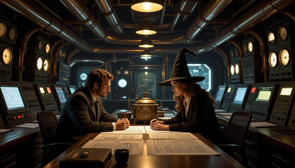 Big dimly lit brass-and-copper control room filled with pipes and gauges, an engineer and a witch , both huddled over charts.