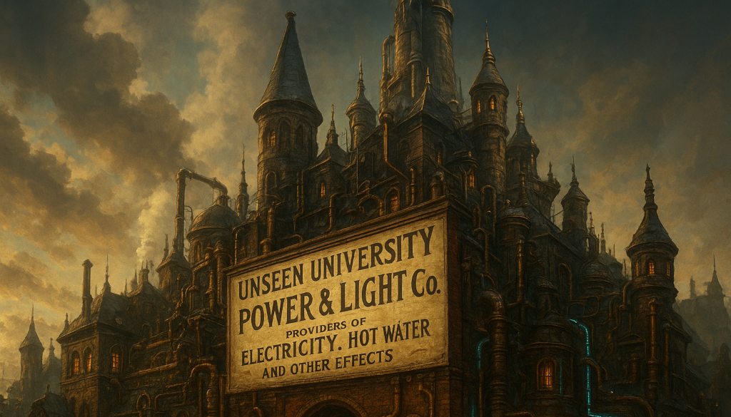Steampunk industrial city scene, showing the Unseen University Power & Light Co. (UU P&L) facilities in Ankh-Morpork. Intricate brass machinery, steam pipes, glowing arcane energy conduits.