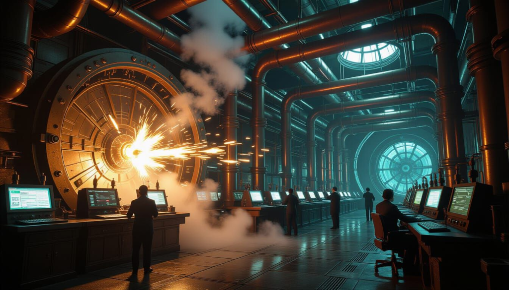Intricate copper pipes and glowing data conduits interwoven throughout a vast control hall. One small section pulsates violently, causing the rest of the system to destabilize as cascading reactions flash across multiple monitoring panels. Engineers watch with apprehension.