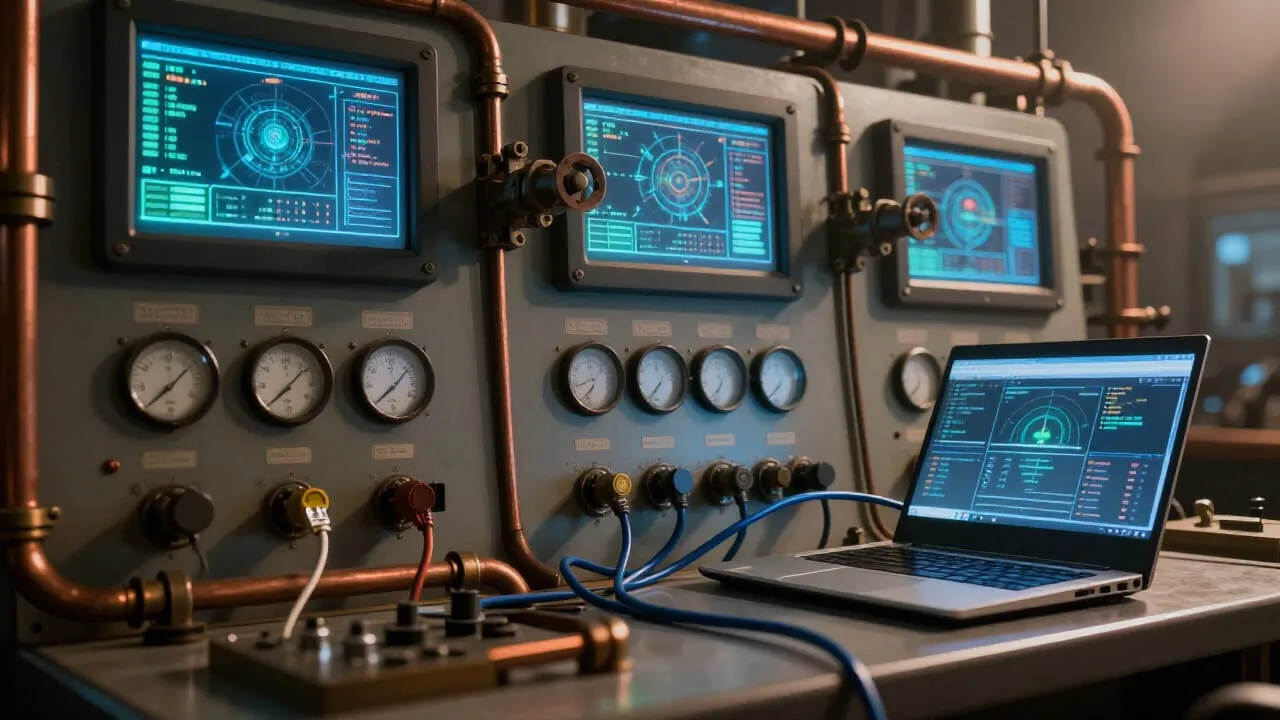 An industrial control panel with glowing screens, pipes and valves in the background, a single Ethernet cable snaking from a corporate laptop into the OT network. Subtle dials reading slightly off normal.