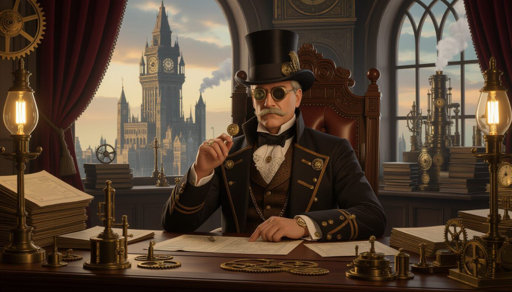 The Patrician of Ankh Morpork, seated at a grand wooden desk cluttered with brass gears, cog-driven calculators, and arcane mechanical devices.