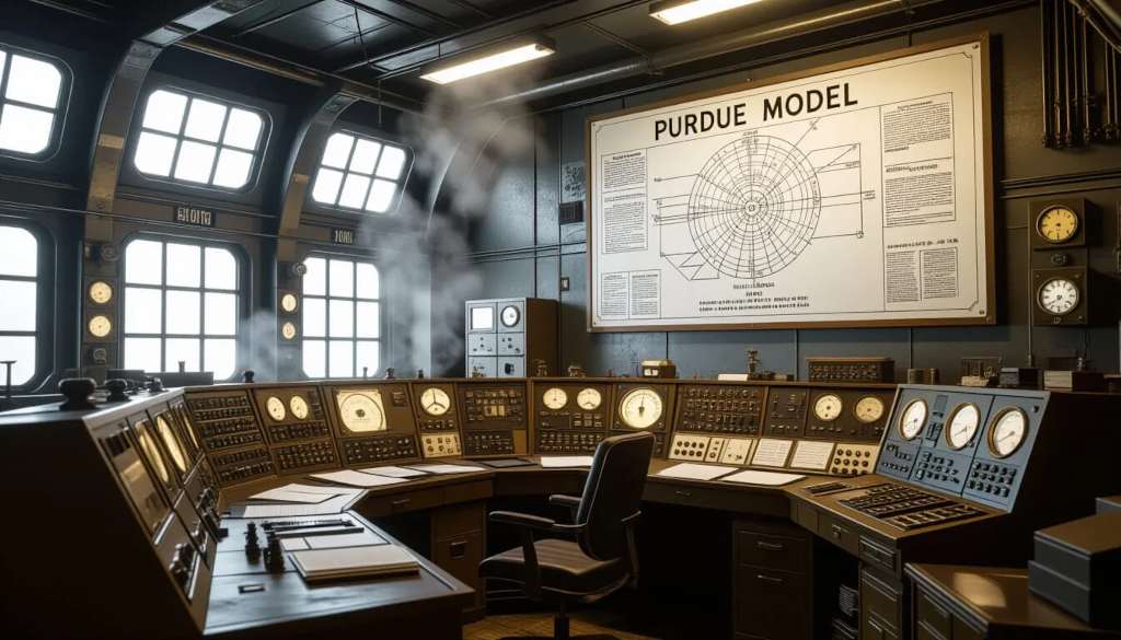 A control room filled with overloaded brass consoles, flickering gauges, tangled tubes, emergency levers, and a giant schematic of the Purdue Model hanging on the wall