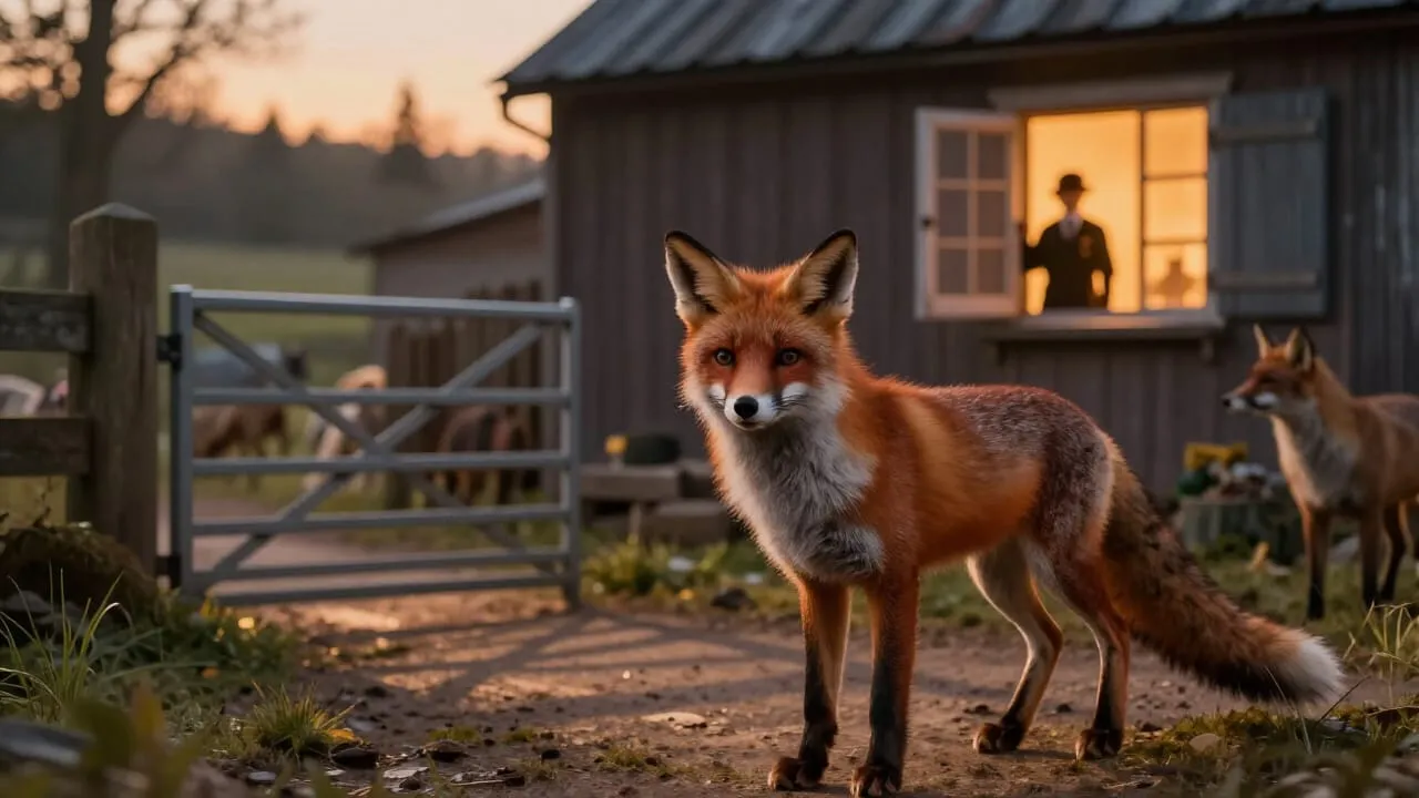 A fox at the edge of a farmyard at dusk, still, watching. A gate stands open. A light is on. Somewhere inside, a door is being held by someone who never questioned the uniform. The fox has not moved yet. It does not need to.