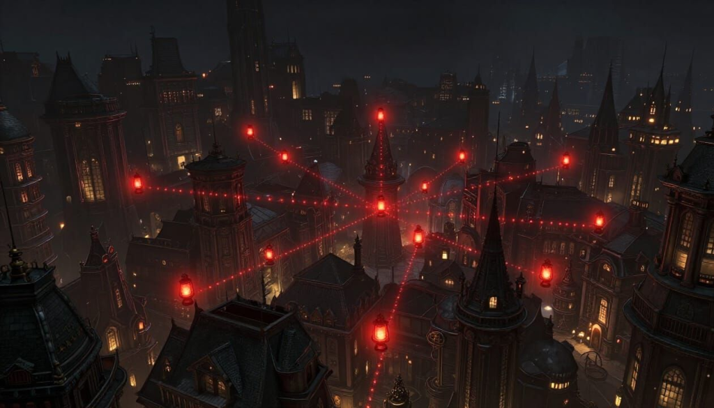 Night over steampunk city Ankh-Morpork, viewed from high above; the city sprawls deep below; about 20 glowing red oil lanterns are visible in the city, forming a subtle, intricate irregular network of signals.