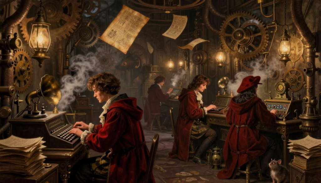 Inside a shadowy, cluttered steampunk guild hall, male and female members of the Scarlet Semaphore in red-trimmed cloaks huddle over archaic keyboards, telegraphs, and blinking semaphore lamps. Glowing parchments with cryptic symbols float in the air.